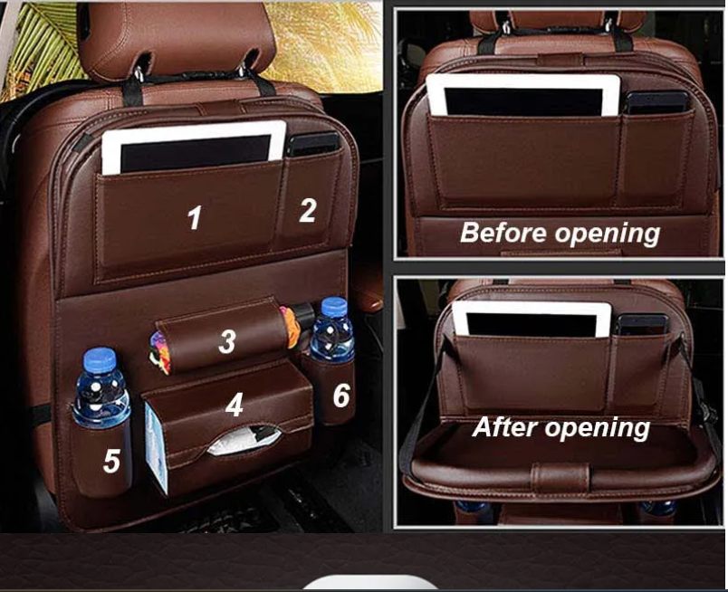 Car Seat Organizer With Foldable Table — PU Leather, Multi-Pocket