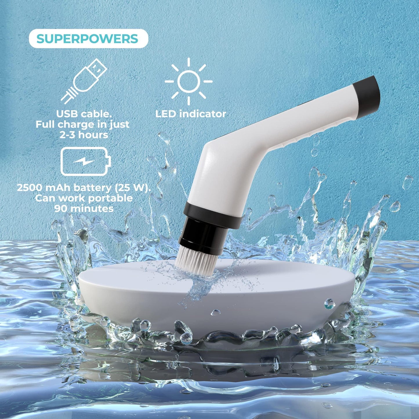 Electric Spin Scrubber — Extendable Handle, 3 Brush Heads
