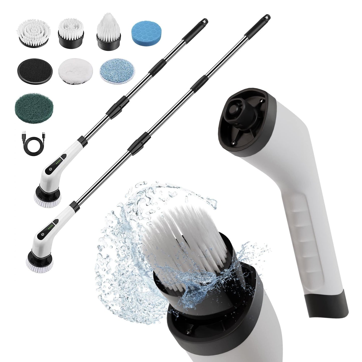 Electric Spin Scrubber — Extendable Handle, 3 Brush Heads