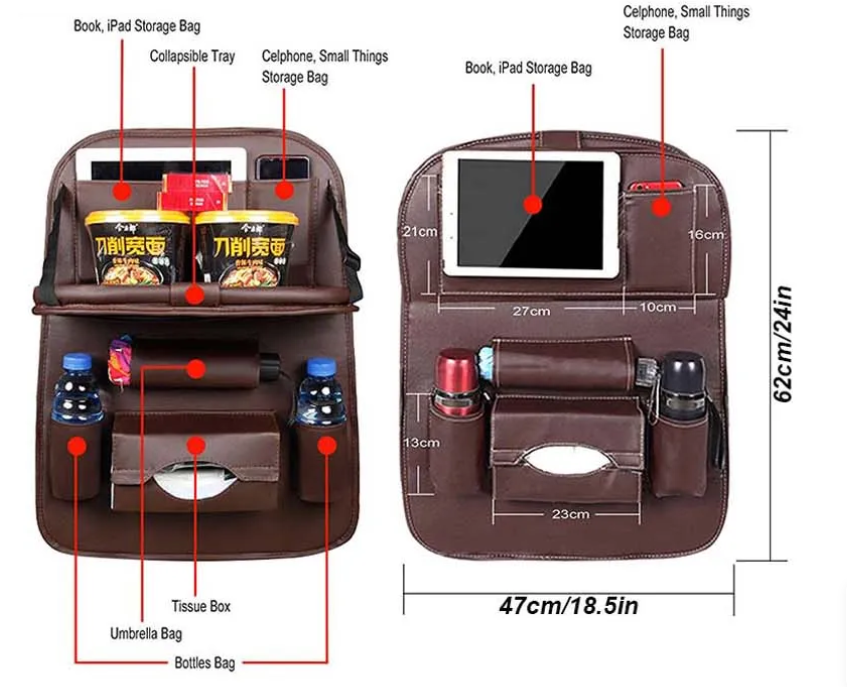 Car Seat Organizer With Foldable Table — PU Leather, Multi-Pocket