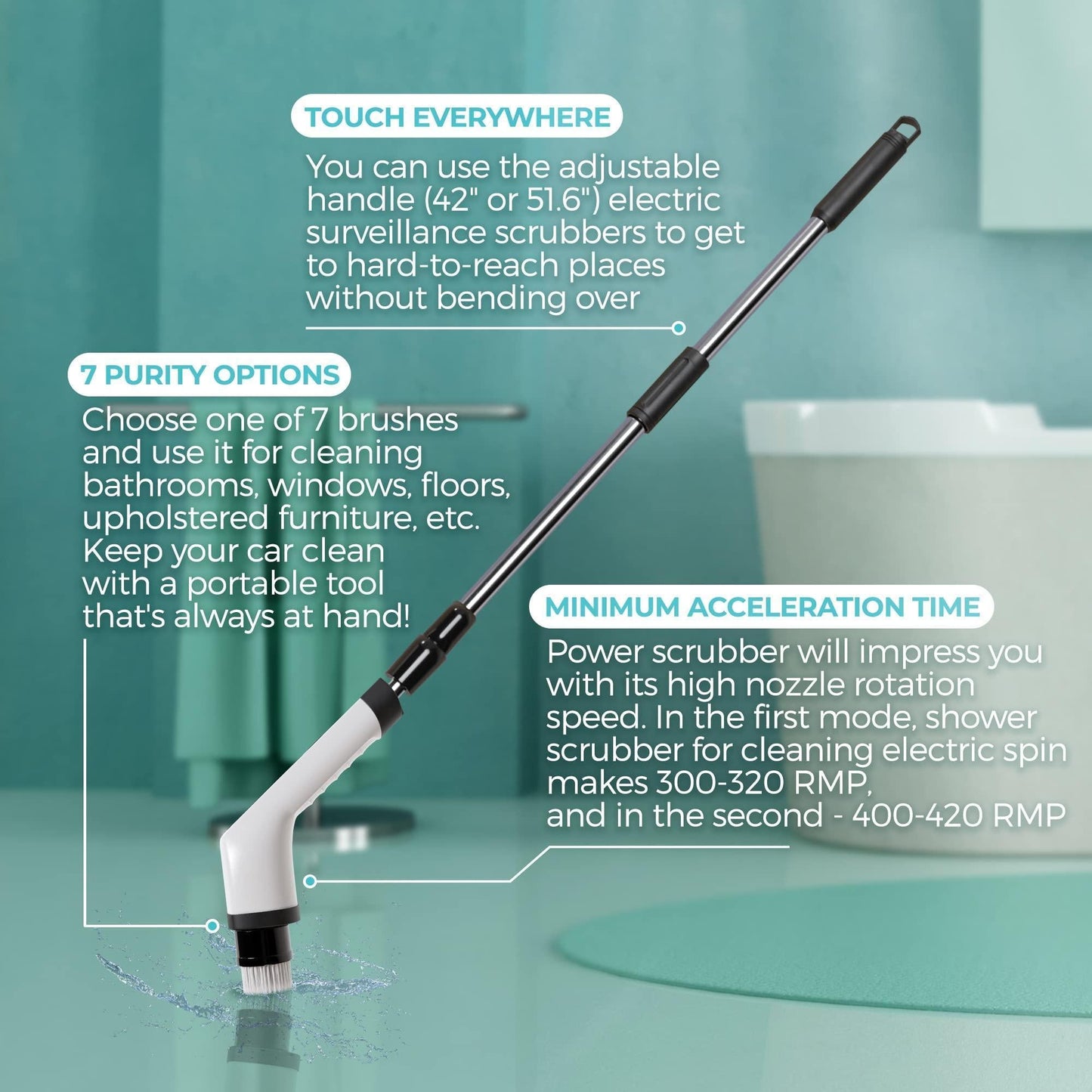 Electric Spin Scrubber — Extendable Handle, 3 Brush Heads